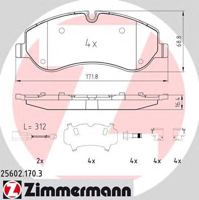 Колодки гальмівні дискові передні FORD TOURNEO CUSTOM 2.2TDCI 2012- (Форд) (в-во Zimmermann) ZIMMERMANN 25602.170.3 - фото 