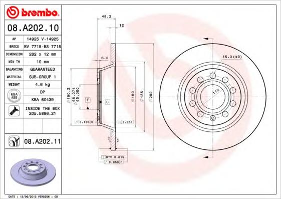 Диск тормозной задний (невентилируемый) (в упаковке два диска, цена указана за один) (BREMBO) 08.A202.10 - фото 