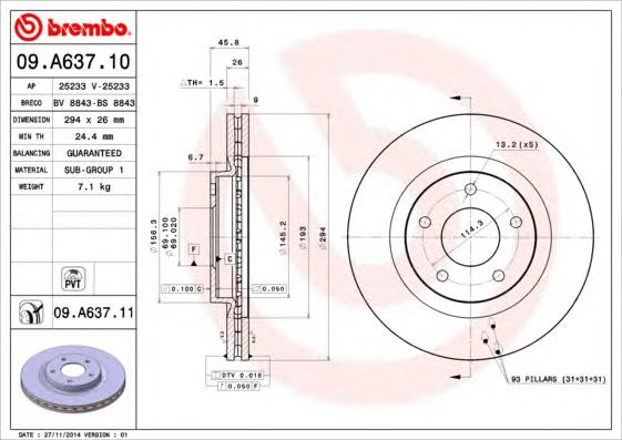 Тормозной диск BREMBO 09.A637.10 - фото 