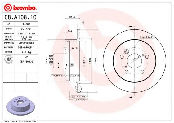 Тормозной диск BREMBO 08.A108.10 - фото 