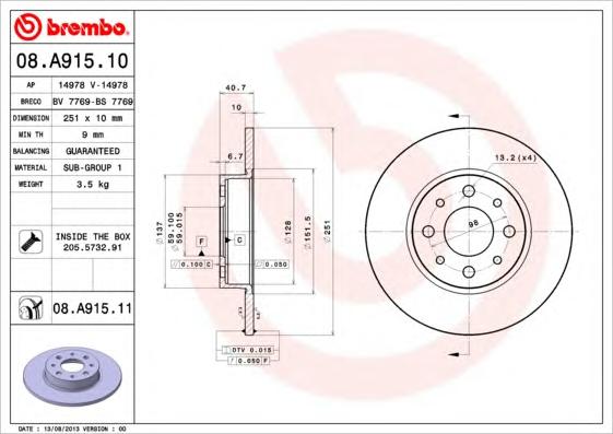 Диск тормозной задний невентилируемый (в упаковке 2 диска, цена за один) (BREMBO) - фото 