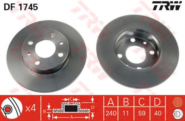 Диск тормозной задний невентилируемый ALFA ROMEO,FIAT,LANCIA (2 штуки в упаковке) цена за один диск(TRW) DF1745 - фото 