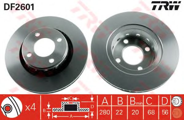 Диск тормозной передний (вентилируемый) (в упаковке два диска, цена указана за один) AUDI (АУДИ) (TRW) DF2601 - фото 