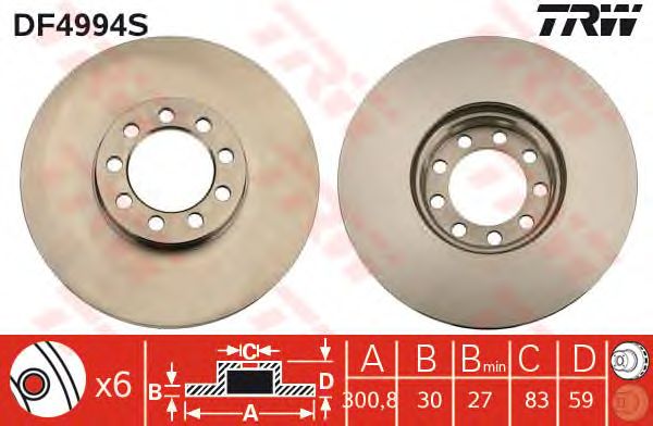 Диск тормозной передний (вентилируемый) (в упаковке два диска, цена указана за один) (TRW) DF4994S - фото 