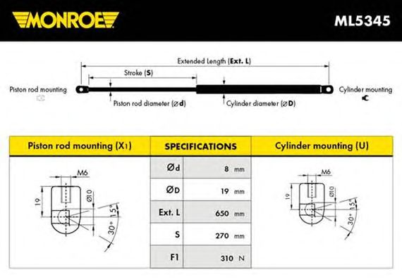 Амортизатор капота OPEL VECTRA C (Monroe) MONROE ML5345 - фото 