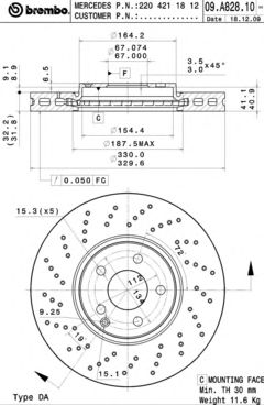 Диск тормозной передний (вентилируемый) (в упаковке два диска, цена указана за один) (BREMBO) 09.A828.11 - фото 